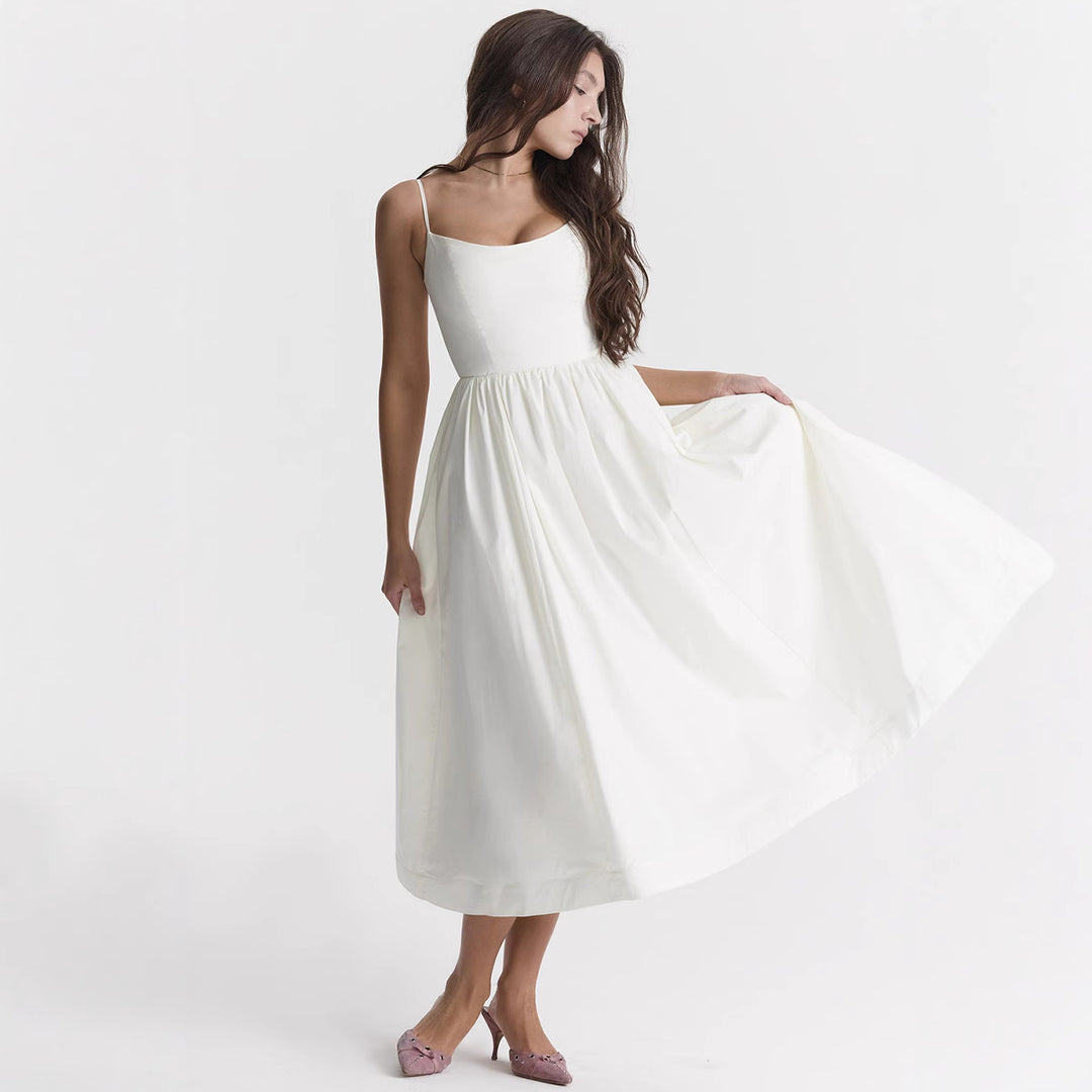 Damen elegantes Midikleid mit Spaghetti-Trägern und fließendem Rock EB