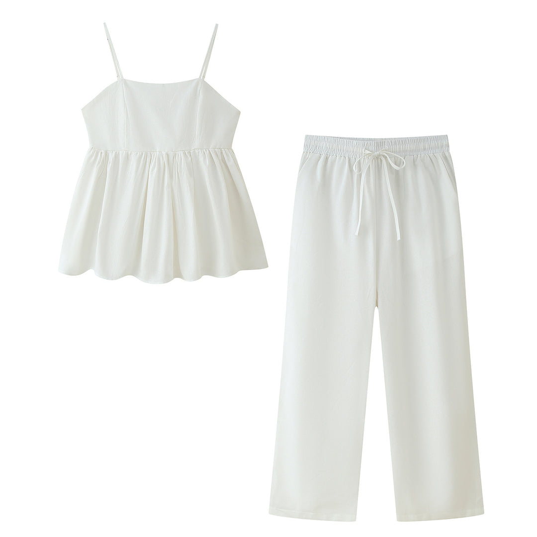 Damen Baumwoll-Pyjama-Set mit verstellbaren Spaghetti-Trägern und elastischem Bund EB