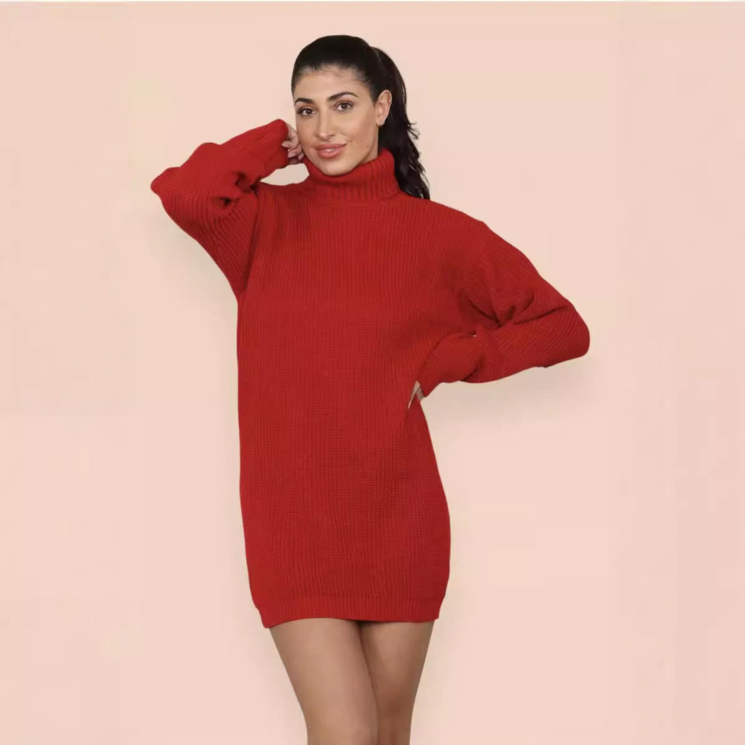 Damen Strickkleid mit hohem Kragen und strukturiertem Maschenbild EB