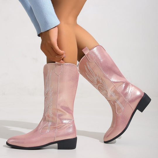 Damen Cowgirl-Kniehoher Stiefel mit dekorativer Stickerei, Pull‑Tabs und komfortablem Blockabsatz EB