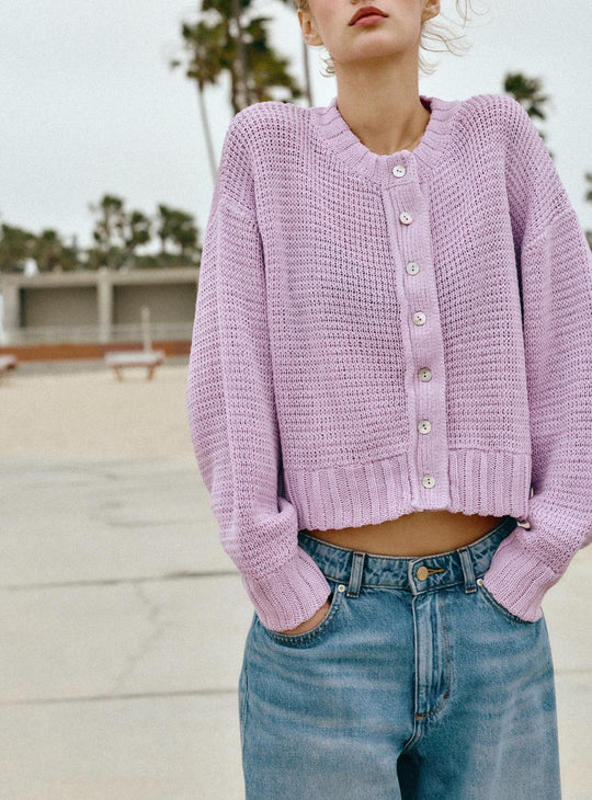 Damen Lockere Cropped-Strickjacke mit Knopfleiste und offener Struktur EB