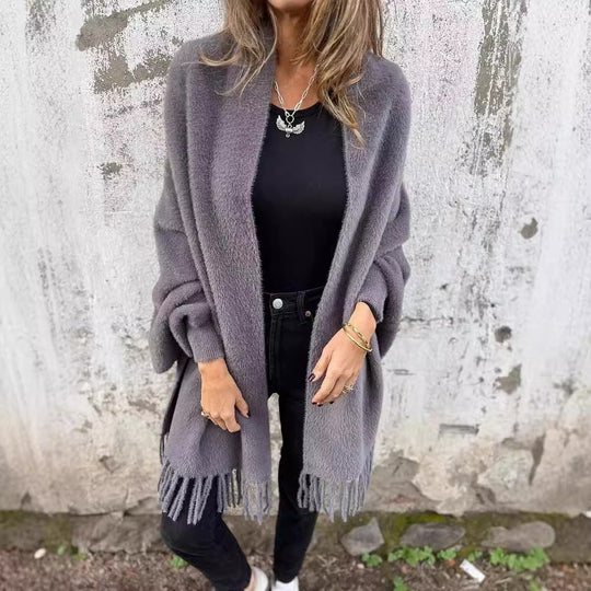 Damen Kuscheliger Strickponcho mit Fransen EB