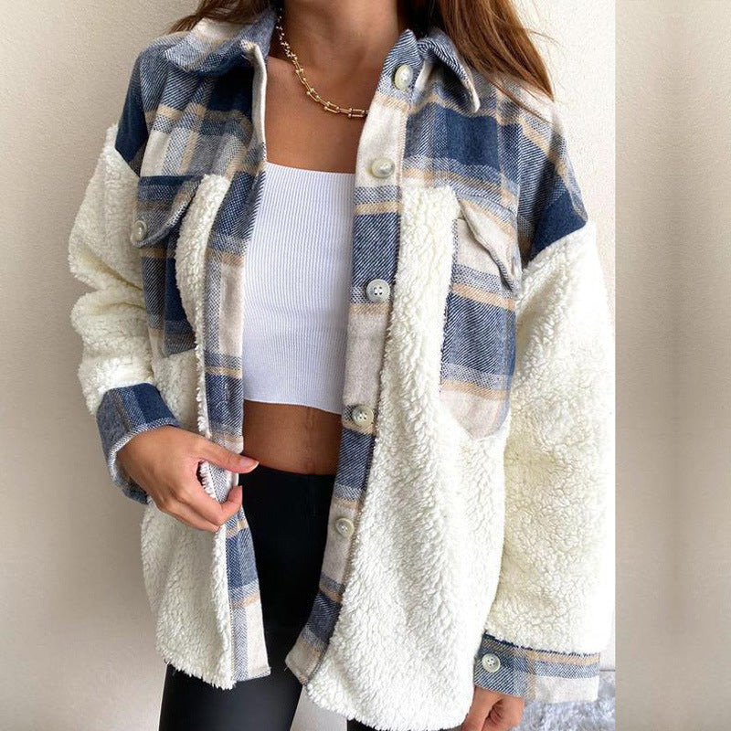 Damen Oversized Baumwolljacke mit Karomuster und warmem Fleece EB