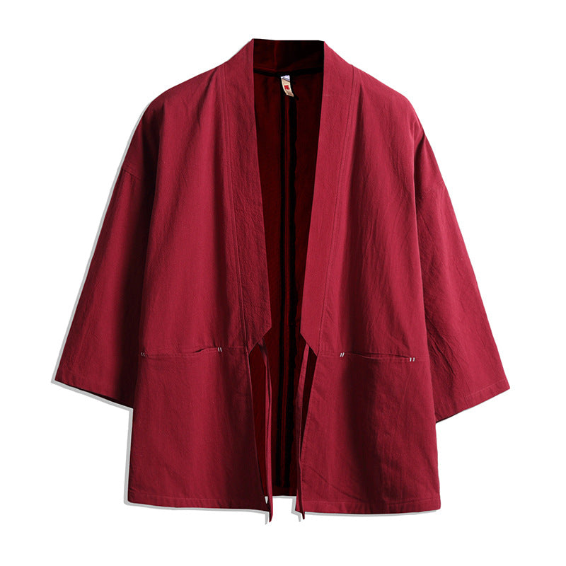 Unisex nan lässige Kimono-Jacke aus leichtem Baumwollmix mit weiter Passform und Bindegürtel EB