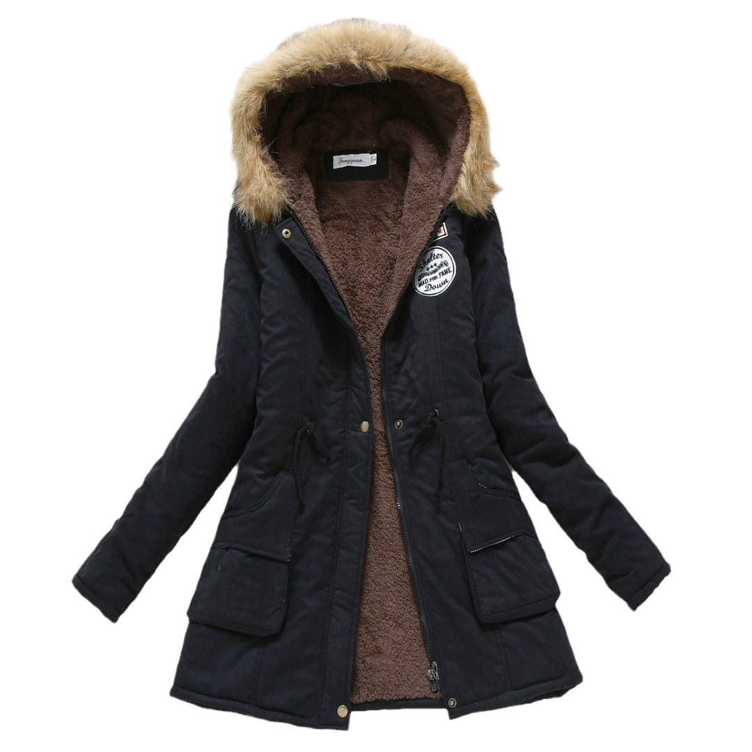 Damen taillierter Winterparka mit Teddyfutter Kunstfellkapuze und Tunnelzug EB
