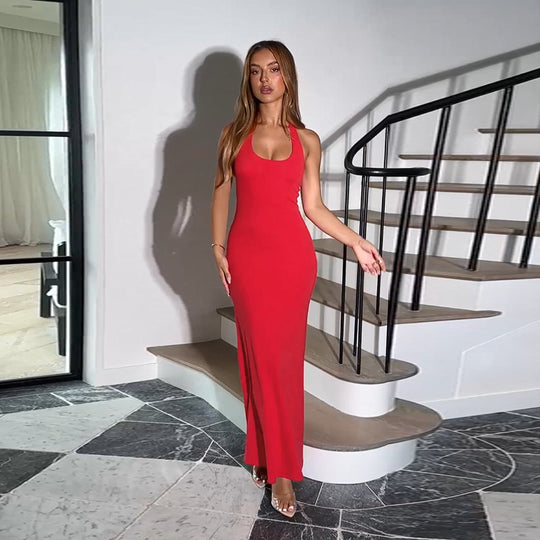 Damen elegantes Maxikleid mit tiefem V-Ausschnitt und figurbetonter Silhouette EB