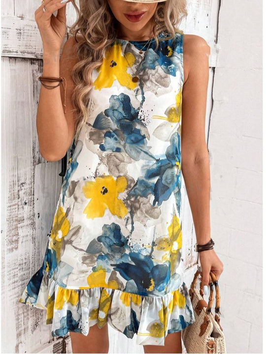 Damen Blumenkleid mit Rüschensaum EB