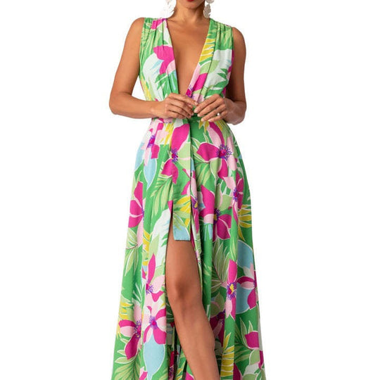 Damen Maxikleid mit tiefem V-Ausschnitt und elegantem Schlitz EB