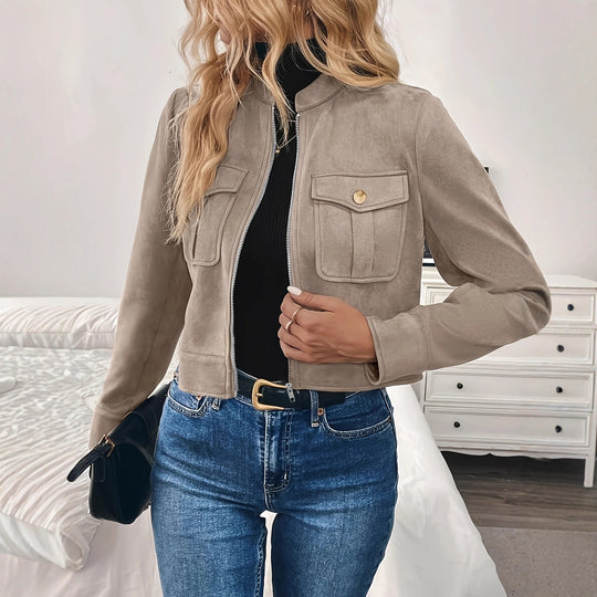 Damen modische Kurzjacke aus hochwertigem Kunstleder mit praktischen Taschen EB