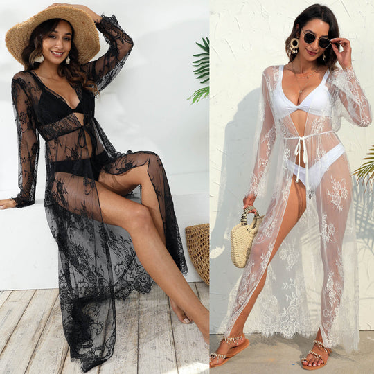 Damen transparentes Häkel-Kleid mit floralem Design EB