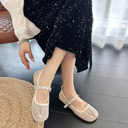 Damen Ballerinas mit dekorativem Netzdesign und funkelndem Riemen EB