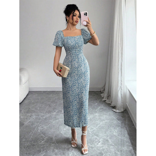 Damen Midikleid mit schulterfreien Puffärmeln und floralem Muster EB
