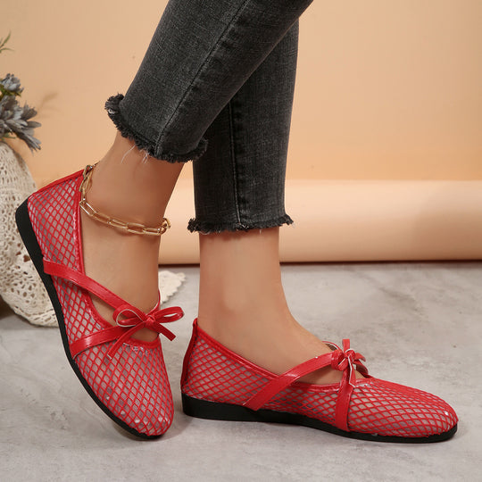Damen Netz-Ballerinas mit elastischem Riemen und dekorativem Schleifendetail EB