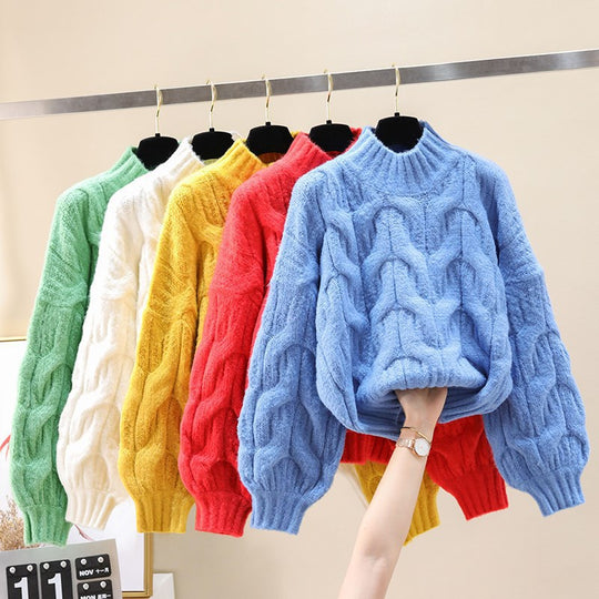Damen kuscheliger Strickpullover mit voluminösen Ärmeln und Zopfmuster EB
