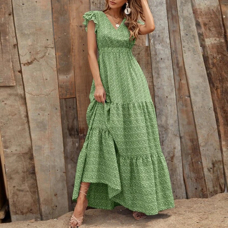 Damen Maxikleid mit zarten Rüschendetails und tieferem V-Ausschnitt EB