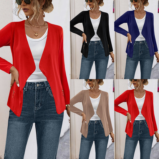 Damen elegante Jerseyjacke mit asymmetrischem Schnitt und subtilem Glanz EB