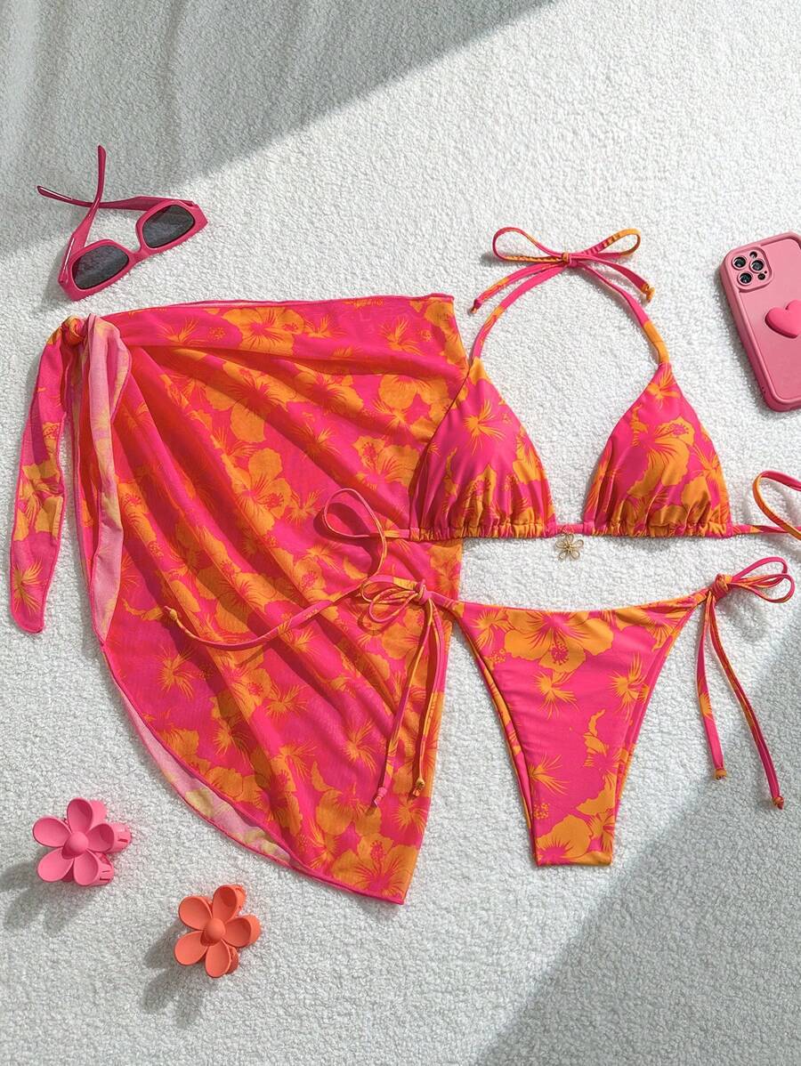 Damen Triangel-Bikini-Set mit verstellbaren Trägern und Wickeltuch EB