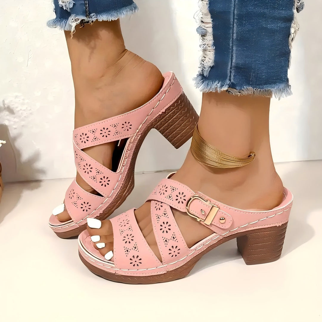Damen offene Sandalen mit dekorativem Riemen und mittelhohem Absatz EB