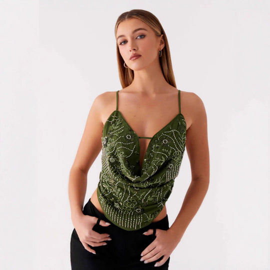 Damen Dekoratives Top mit tiefem Ausschnitt und raffinierten Stickdetails EB