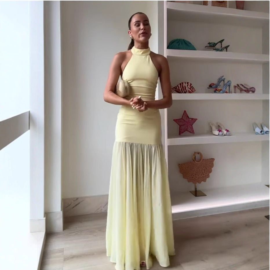 Damen Maxikleid mit hochgeschlossenem Design und fließendem Rock EB