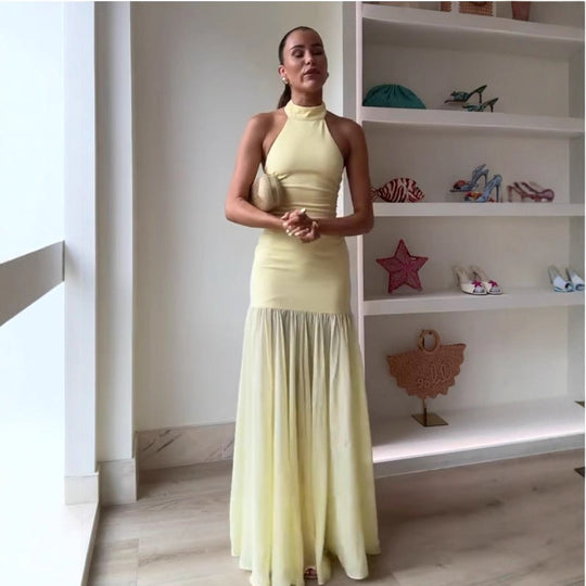 Damen Maxikleid mit hochgeschlossenem Design und fließendem Rock EB