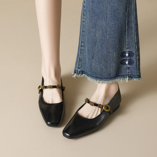 Damen elegante Ballerinas mit modischem Riemen und floralem Detail EB