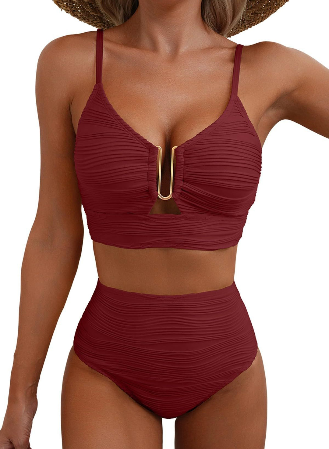 Damen hochgeschnittener Bikini mit gerafftem Oberteil EB