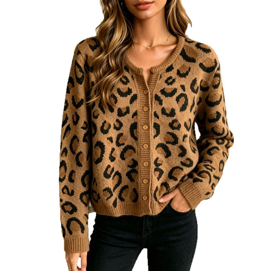 Damen Kurzcardigan im Leo-Jacquard mit geripptem Saum und Rundhalsausschnitt EB