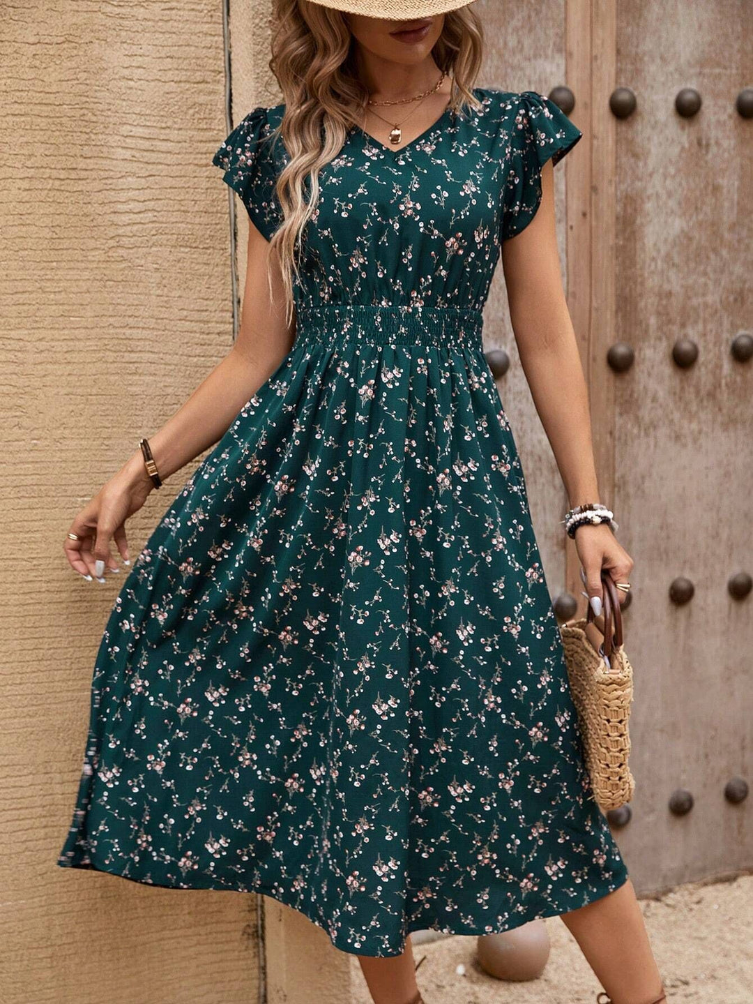 Damen Midikleid mit floralem Muster und Raffungen EB