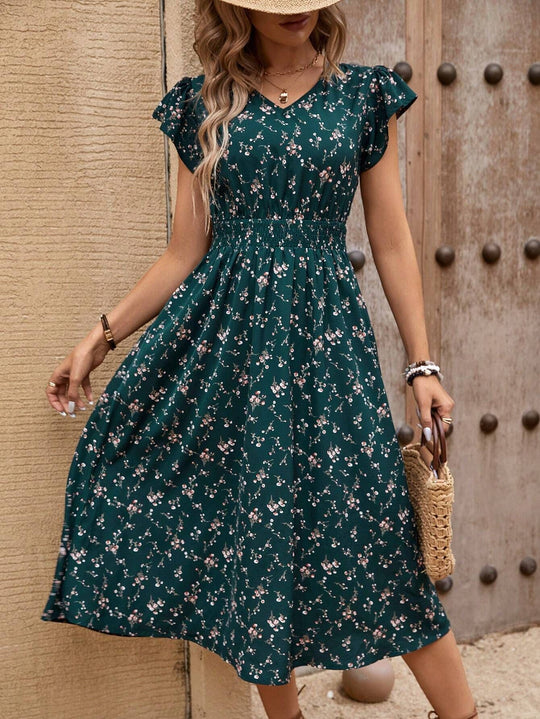 Damen Midikleid mit floralem Muster und Raffungen EB