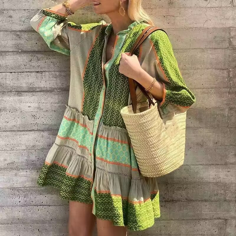 Damen Langarmhemdkleid mit elegantem Muster und Rüschensaum EB
