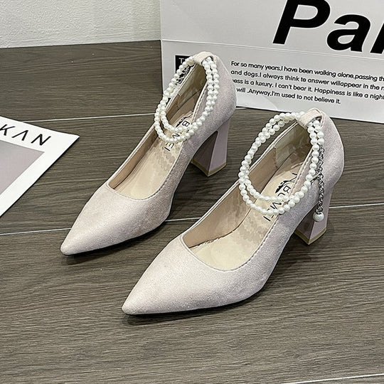 Damen elegante Pumps mit perlverziertem Riemen und blockiertem Absatz EB