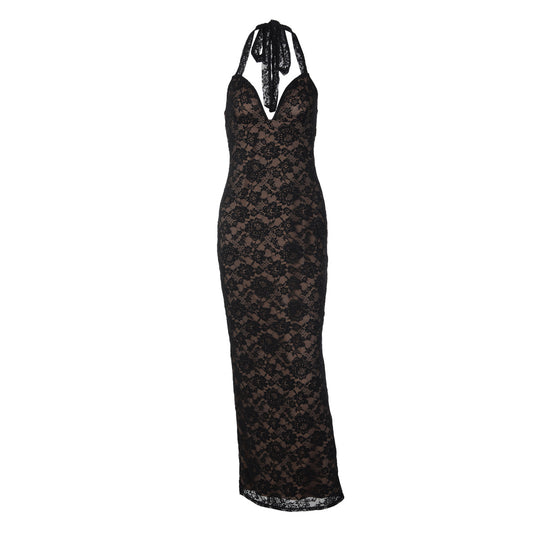 Damen Langes Spitzenkleid mit tiefem V-Ausschnitt und Halter-Design EB