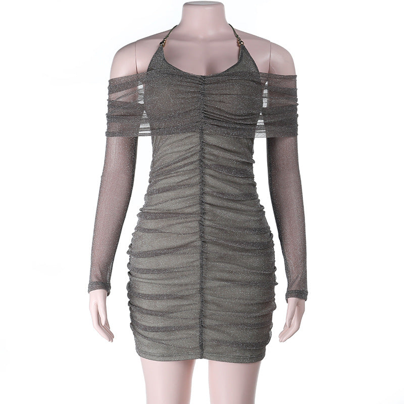 Damen figurbetontes Minikleid mit transparenten Ärmeln und Rüschendetails EB