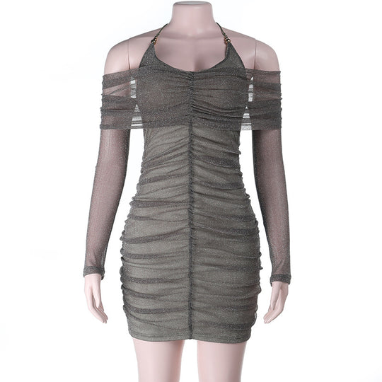 Damen figurbetontes Minikleid mit transparenten Ärmeln und Rüschendetails EB