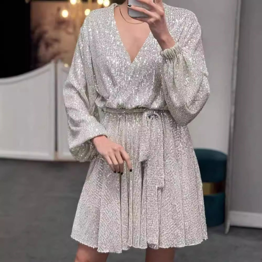 Damen funkelndes Cocktailkleid mit V-Ausschnitt und Taillengürtel EB