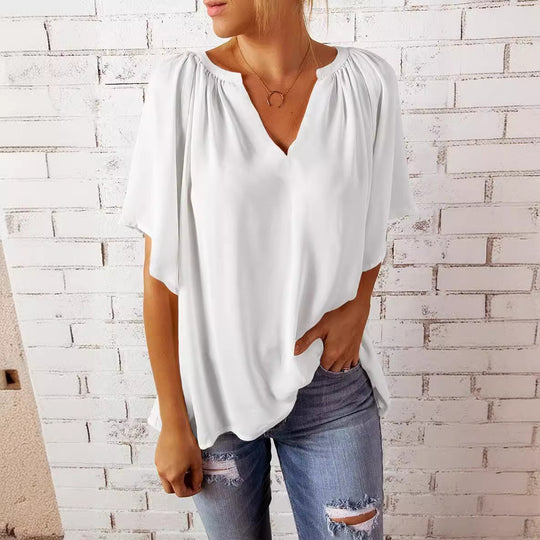Damen luftige Bluse mit V-Ausschnitt und sanftem Faltenwurf EB