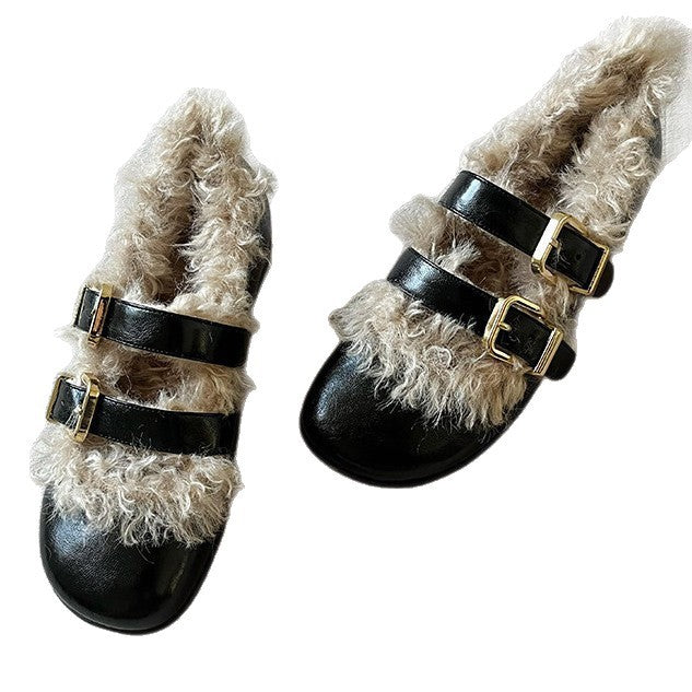 Damen Clogs mit kuscheligem Kunstfellkragen und modischen Schnallen EB