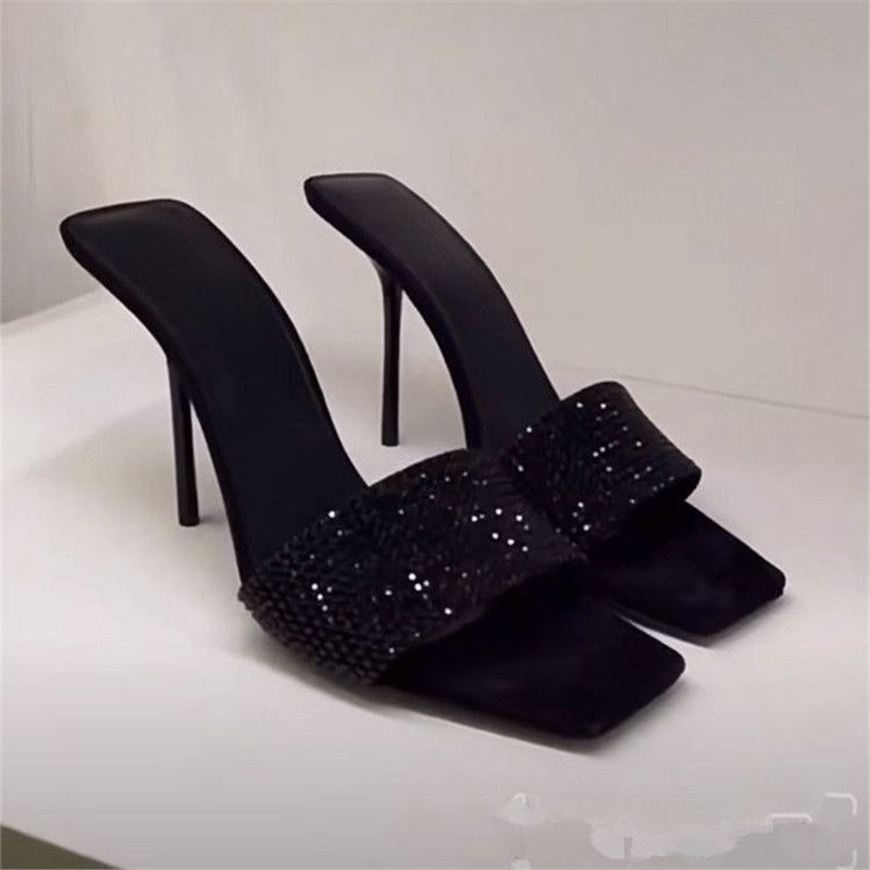 Damen elegante High Heel Mules mit funkelnden Strassakzenten EB
