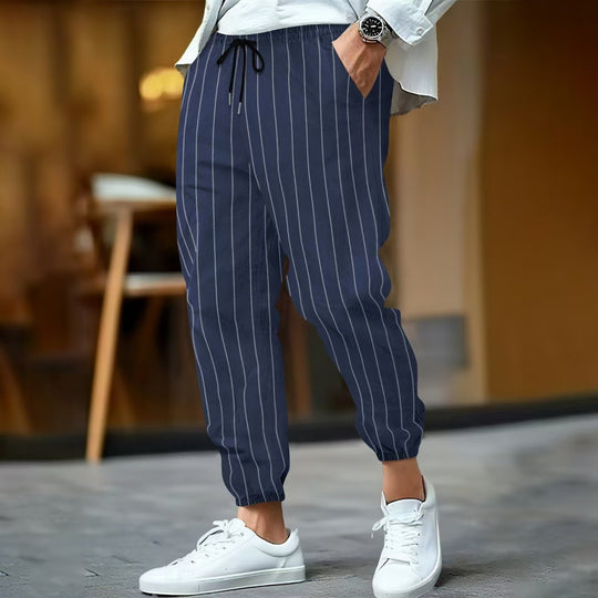 Herren nan gestreifte Leinenoptik Jogginghose mit Tunnelzug elastischem Saum und Eingrifftaschen EB