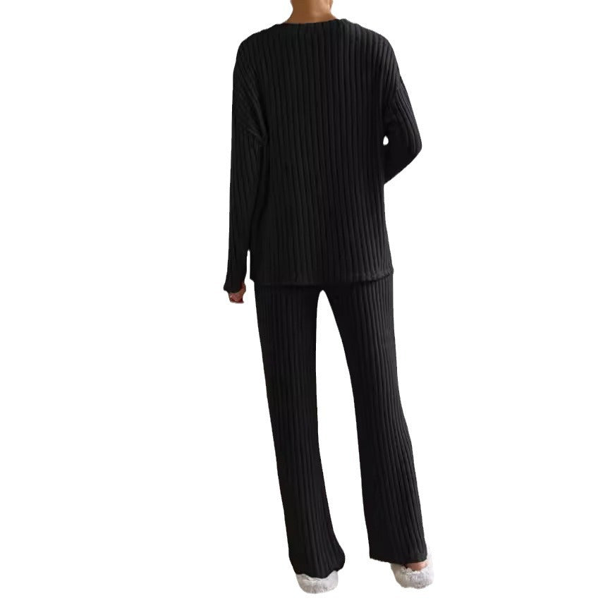 Damen Strickanzug mit V-Ausschnitt und feinem Rippdesign EB