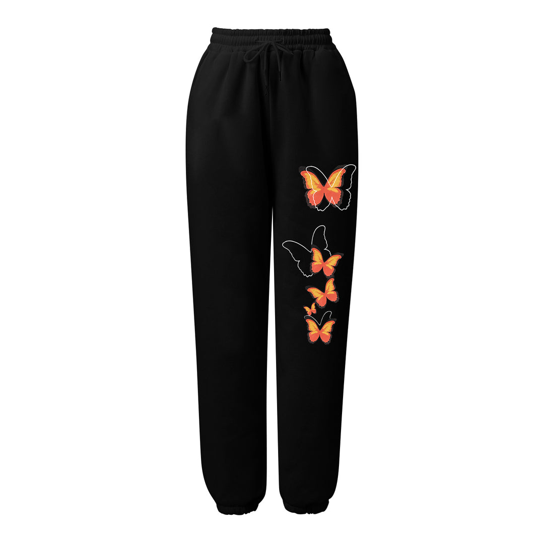 Damen nan hochgeschnittene Sweatpants mit elastischem Bund, Kordelzug, Seitentaschen, elastischen Beinabschlüssen und Schmetterlingsprint EB