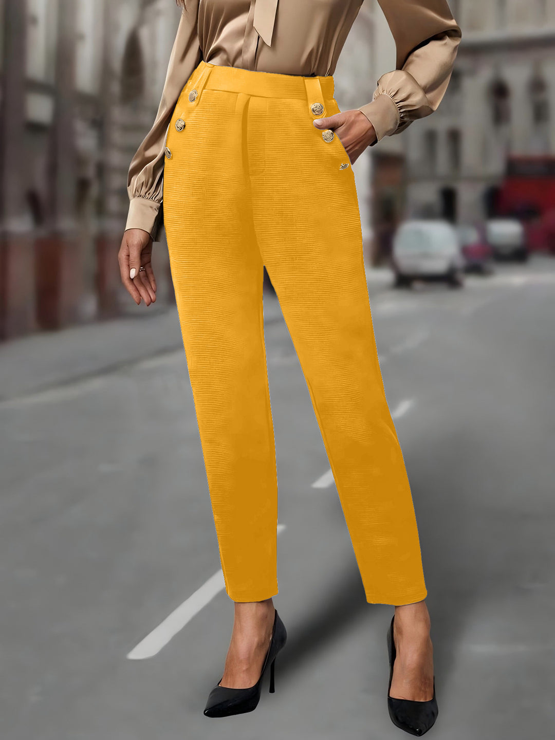 Damen elegante Anzughose mit doppeltem Knopfverschluss und schmalem Bein EB