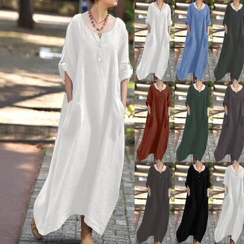 Damen lässiges Maxikleid mit praktischen Taschen und Knopfdetails EB