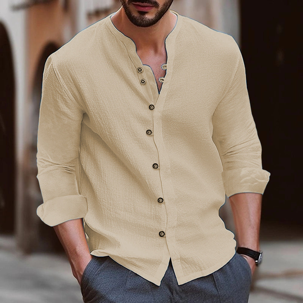 Herren Langarm-Henley-Hemd aus leichtem Baumwollgewebe mit modischem Knopfdetail EB