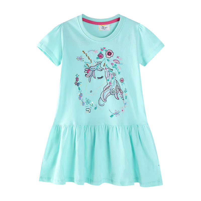 Mädchen Kurzarm Freizeitkleid mit bezauberndem Einhorn-Design EB