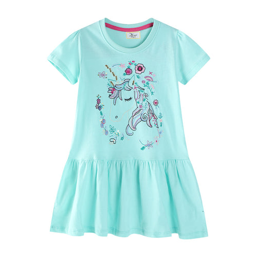 Mädchen Kurzarm Freizeitkleid mit bezauberndem Einhorn-Design EB