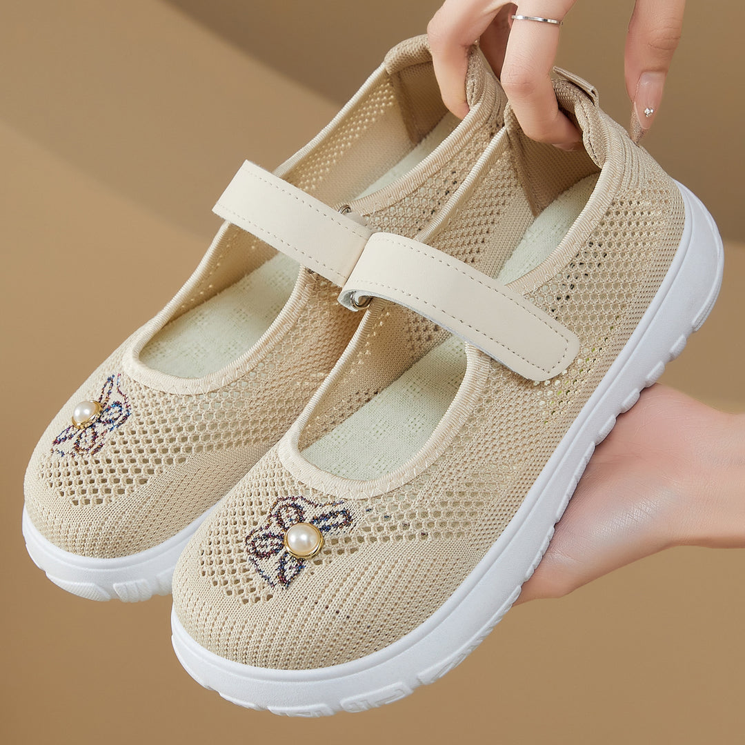 Damen nan gestrickter Mary-Jane-Sneaker mit Klettriemen, atmungsaktivem Strickoberteil, dekorativer Perlenapplikation und dämpfender EVA-Sohle EB