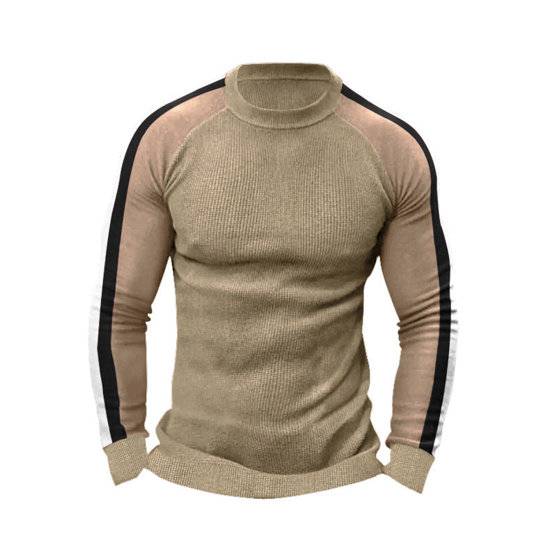 Herren sportlicher Strickpullover mit kontrastierenden Ärmeln und hohem Kragen EB