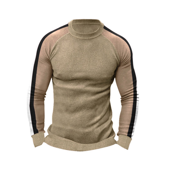 Herren sportlicher Strickpullover mit kontrastierenden Ärmeln und hohem Kragen EB